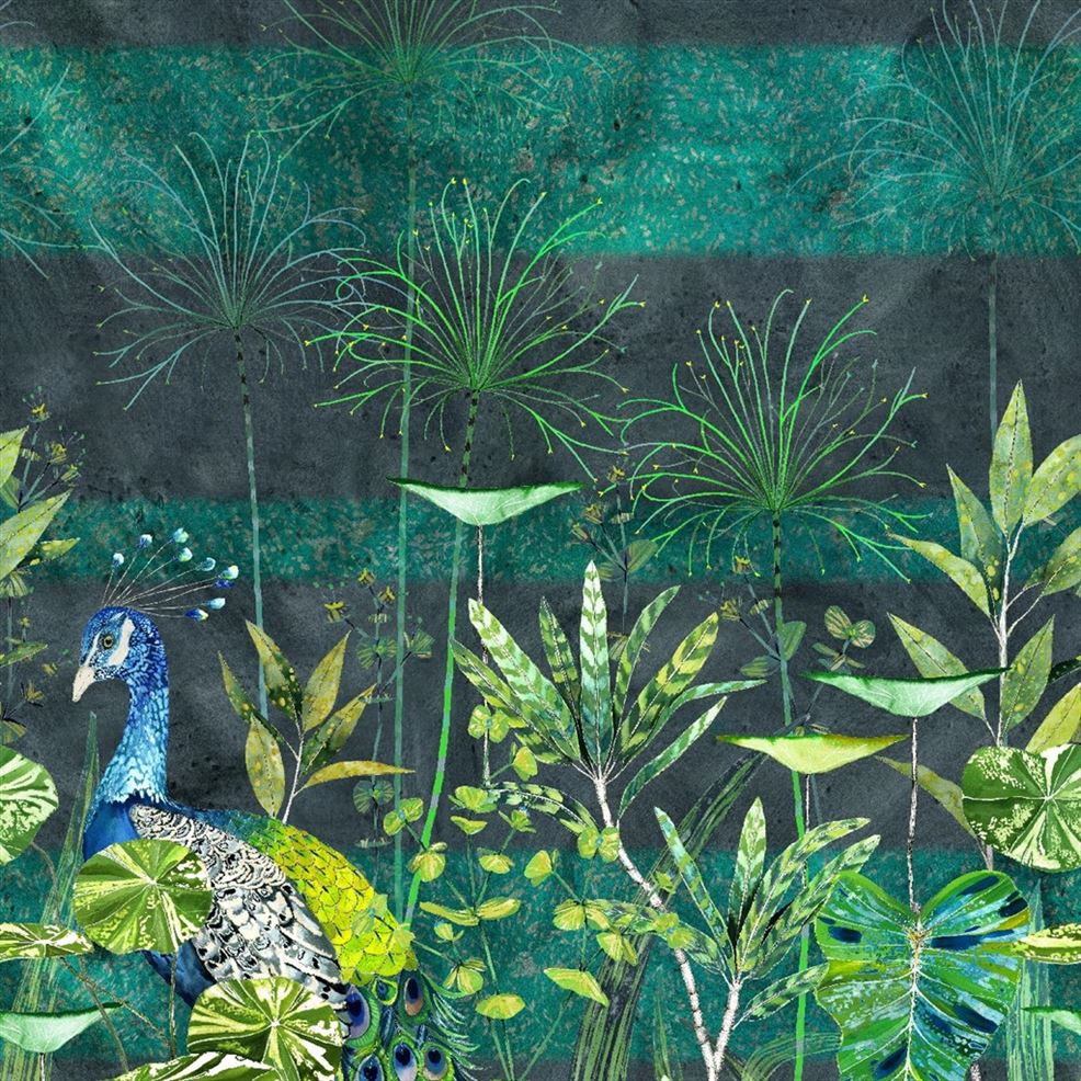 Arjuna Leaf mit blau-grünem Pfau | Tapete - Designers Guild