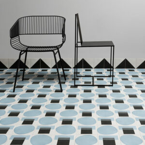 Freudenreich Interior Design | Fliese Futura T blue & Drop blue & Half black